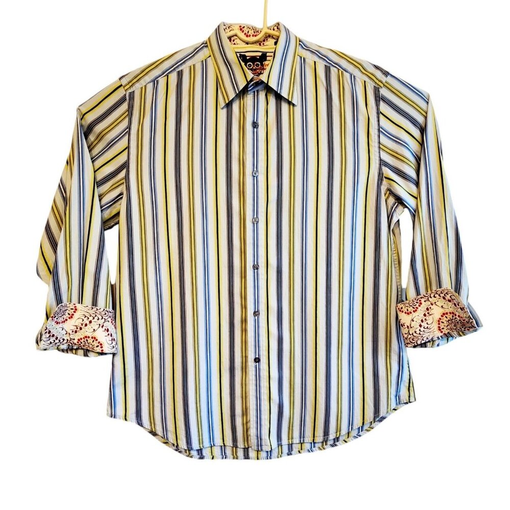 Robert Graham Shirt Mens XL Blue Striped Button Flip Cuff Long Sleeve Flowers